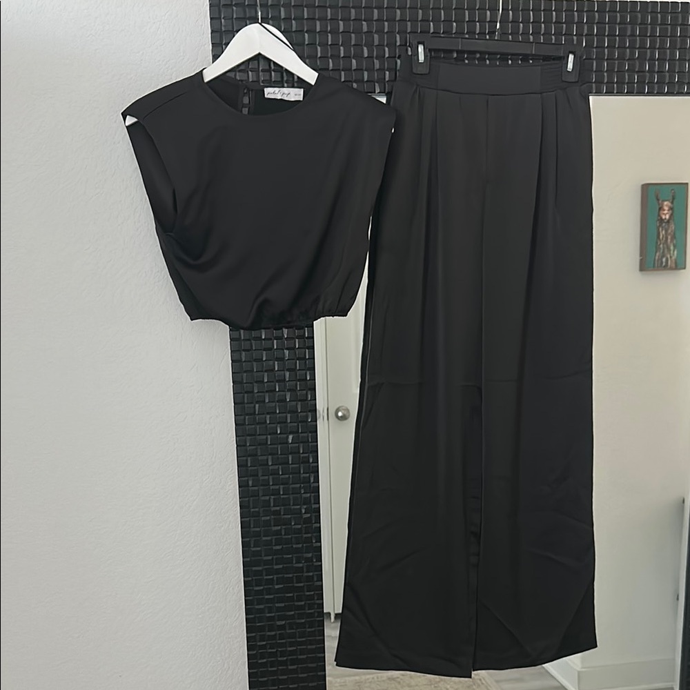Petal & Pup Black Satin Top and Pants Set